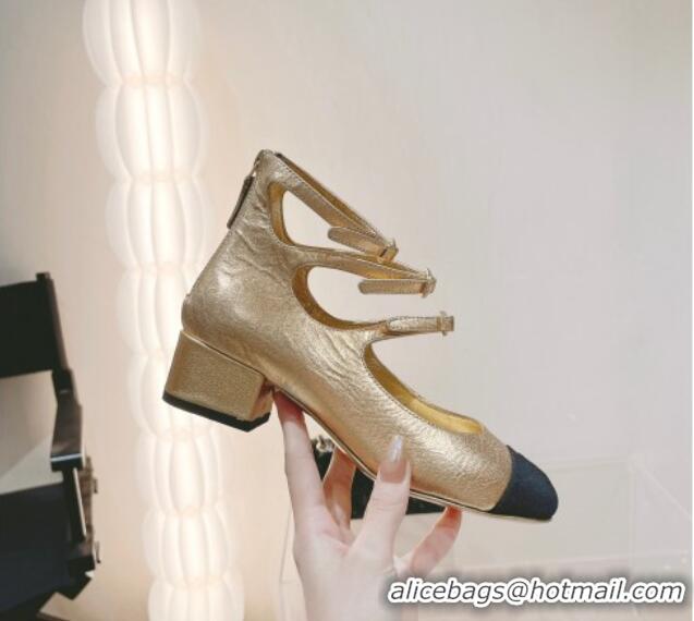 Good Quality Chanel Lambskin Mary Janes Pumps 4cm with Triple Buckle Gold 428138