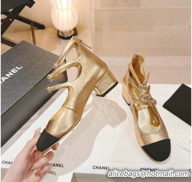 Good Quality Chanel Lambskin Mary Janes Pumps 4cm with Triple Buckle Gold 428138