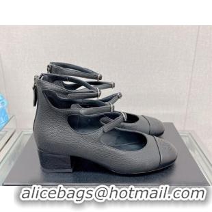 Unique Style Chanel Grained Calfskin Mary Janes Pumps 4cm with Triple Buckle Black 428139