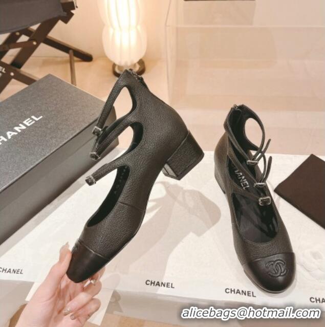 Unique Style Chanel Grained Calfskin Mary Janes Pumps 4cm with Triple Buckle Black 428139