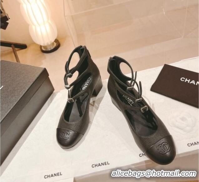 Unique Style Chanel Grained Calfskin Mary Janes Pumps 4cm with Triple Buckle Black 428139