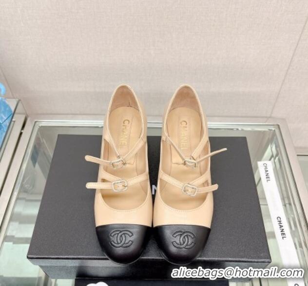 Top Quality Chanel Lambskin Mary Janes Pumps 4cm with Double Buckle Beige 428140