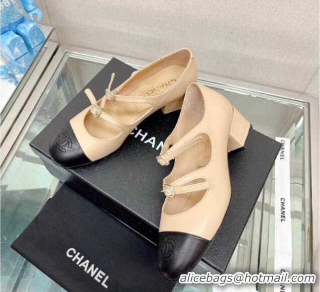 Top Quality Chanel Lambskin Mary Janes Pumps 4cm with Double Buckle Beige 428140