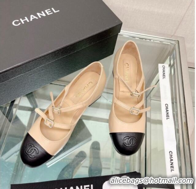 Top Quality Chanel Lambskin Mary Janes Pumps 4cm with Double Buckle Beige 428140