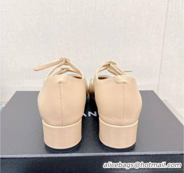 Top Quality Chanel Lambskin Mary Janes Pumps 4cm with Double Buckle Beige 428140