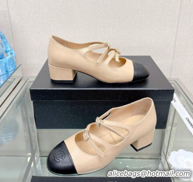 Top Quality Chanel Lambskin Mary Janes Pumps 4cm with Double Buckle Beige 428140