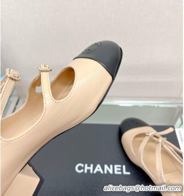 Top Quality Chanel Lambskin Mary Janes Pumps 4cm with Double Buckle Beige 428140