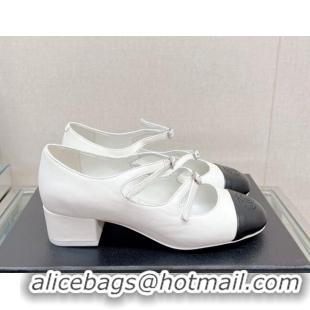 Most Popular Chanel Lambskin Mary Janes Pumps 4cm with Double Buckle White 428141