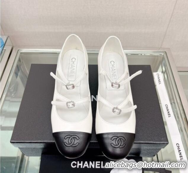 Most Popular Chanel Lambskin Mary Janes Pumps 4cm with Double Buckle White 428141