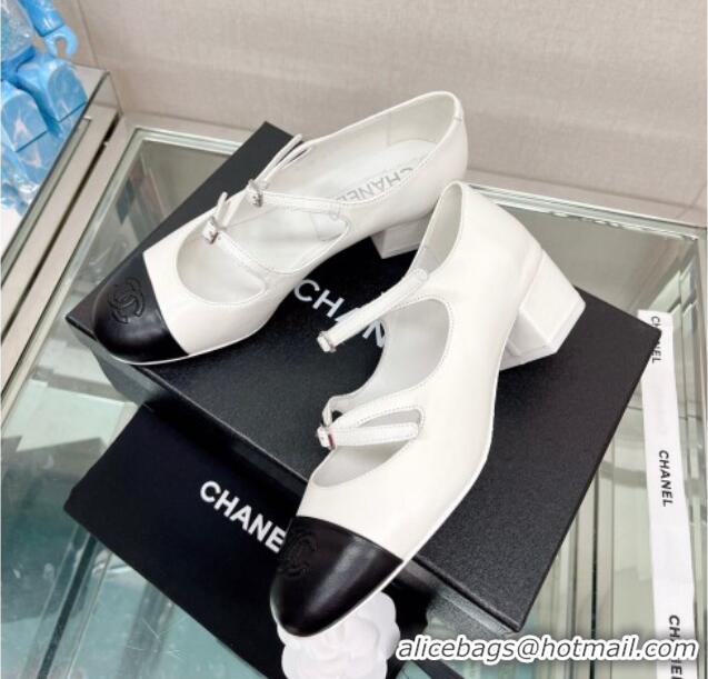 Most Popular Chanel Lambskin Mary Janes Pumps 4cm with Double Buckle White 428141