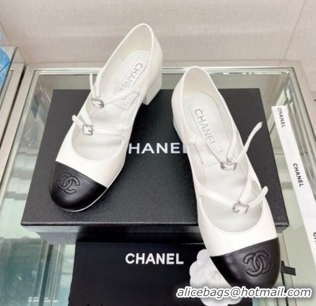 Most Popular Chanel Lambskin Mary Janes Pumps 4cm with Double Buckle White 428141