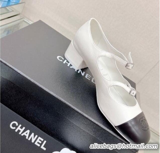 Most Popular Chanel Lambskin Mary Janes Pumps 4cm with Double Buckle White 428141