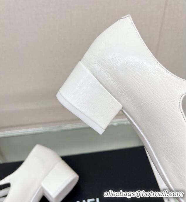 Most Popular Chanel Lambskin Mary Janes Pumps 4cm with Double Buckle White 428141