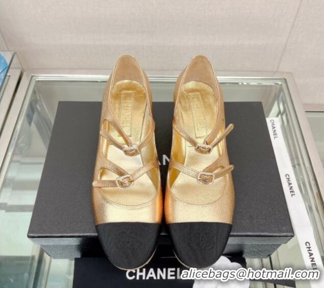 Perfect Chanel Lambskin Mary Janes Pumps 4cm with Double Buckle Gold 428142