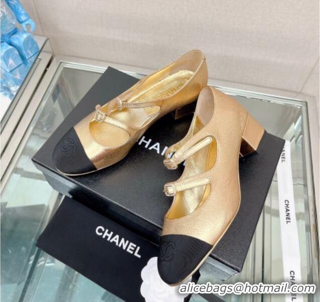 Perfect Chanel Lambskin Mary Janes Pumps 4cm with Double Buckle Gold 428142