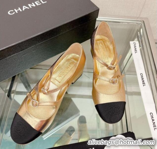 Perfect Chanel Lambskin Mary Janes Pumps 4cm with Double Buckle Gold 428142