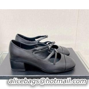 Trendy Design Chanel Lambskin Mary Janes Pumps 4cm with Double Buckle Black 428143