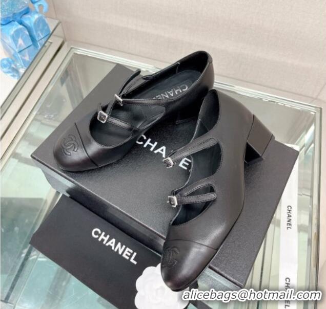 Trendy Design Chanel Lambskin Mary Janes Pumps 4cm with Double Buckle Black 428143