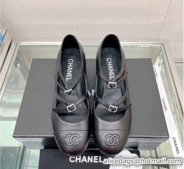 Trendy Design Chanel Lambskin Mary Janes Pumps 4cm with Double Buckle Black 428143