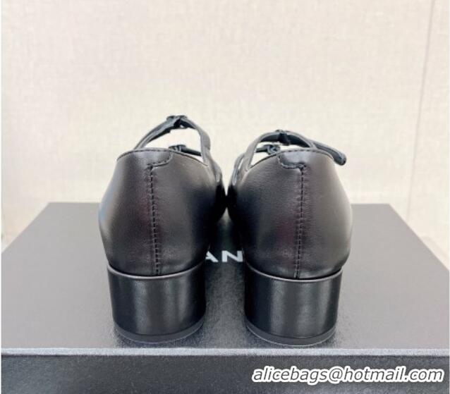 Trendy Design Chanel Lambskin Mary Janes Pumps 4cm with Double Buckle Black 428143