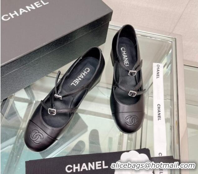 Trendy Design Chanel Lambskin Mary Janes Pumps 4cm with Double Buckle Black 428143