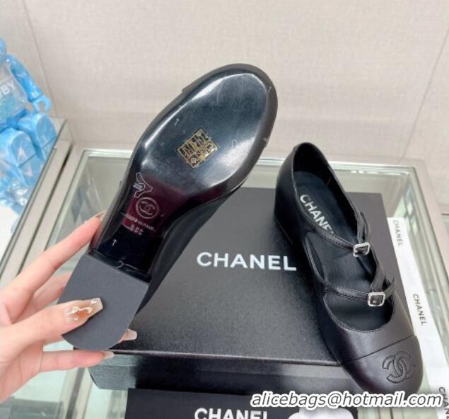 Trendy Design Chanel Lambskin Mary Janes Pumps 4cm with Double Buckle Black 428143