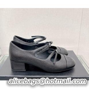 Good Quality Chanel Grained Calfskin Mary Janes Pumps 4cm with Double Buckle Black 428144