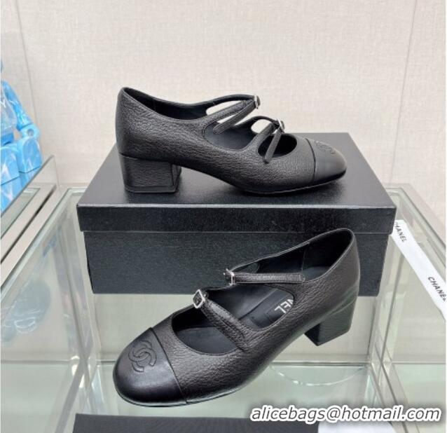 Good Quality Chanel Grained Calfskin Mary Janes Pumps 4cm with Double Buckle Black 428144