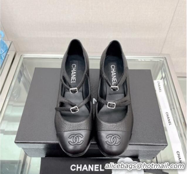 Good Quality Chanel Grained Calfskin Mary Janes Pumps 4cm with Double Buckle Black 428144