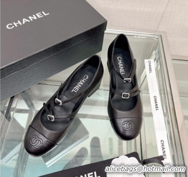 Good Quality Chanel Grained Calfskin Mary Janes Pumps 4cm with Double Buckle Black 428144