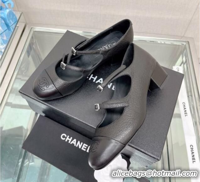 Good Quality Chanel Grained Calfskin Mary Janes Pumps 4cm with Double Buckle Black 428144