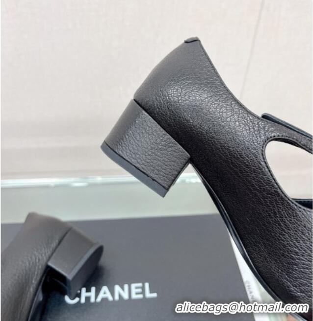 Good Quality Chanel Grained Calfskin Mary Janes Pumps 4cm with Double Buckle Black 428144