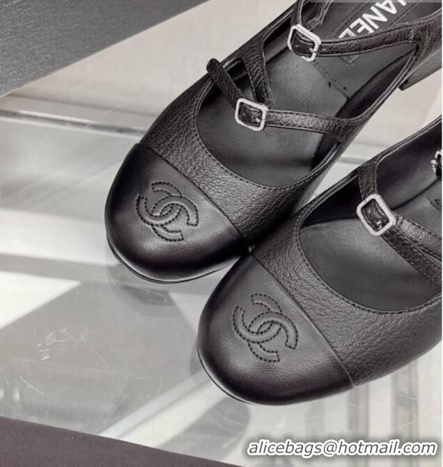 Good Quality Chanel Grained Calfskin Mary Janes Pumps 4cm with Double Buckle Black 428144