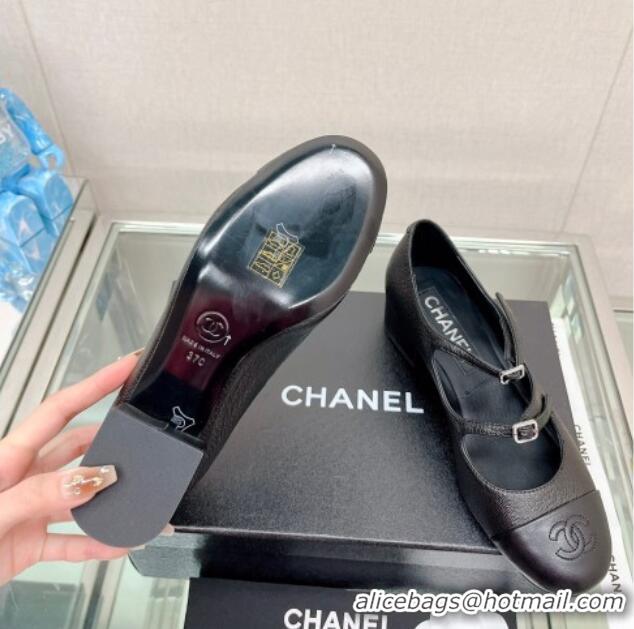 Good Quality Chanel Grained Calfskin Mary Janes Pumps 4cm with Double Buckle Black 428144