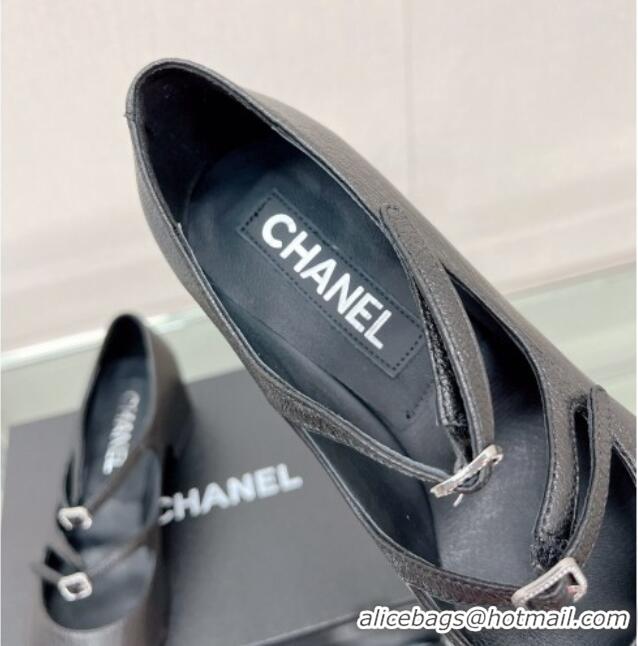 Good Quality Chanel Grained Calfskin Mary Janes Pumps 4cm with Double Buckle Black 428144