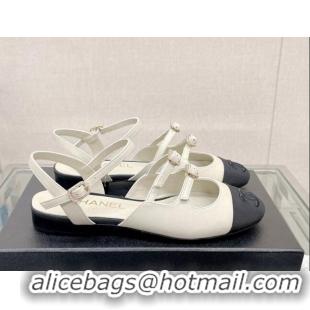 Discount Chanel Lambskin Open Shoes Flat with Double Buckle White 428145