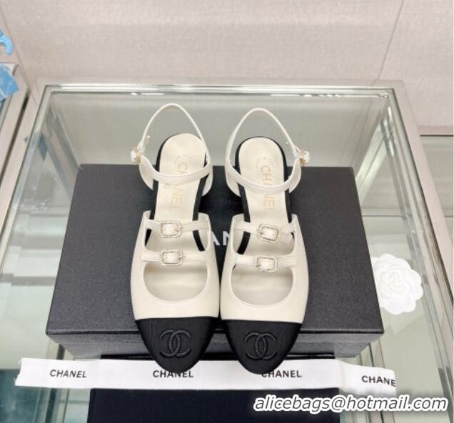 Discount Chanel Lambskin Open Shoes Flat with Double Buckle White 428145