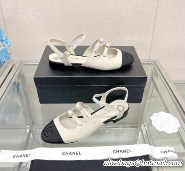 Discount Chanel Lambskin Open Shoes Flat with Double Buckle White 428145