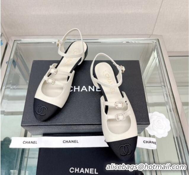 Discount Chanel Lambskin Open Shoes Flat with Double Buckle White 428145