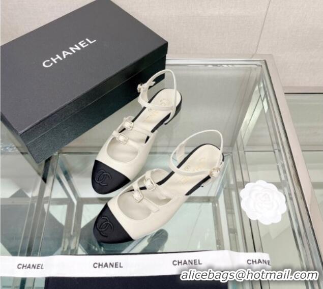 Discount Chanel Lambskin Open Shoes Flat with Double Buckle White 428145