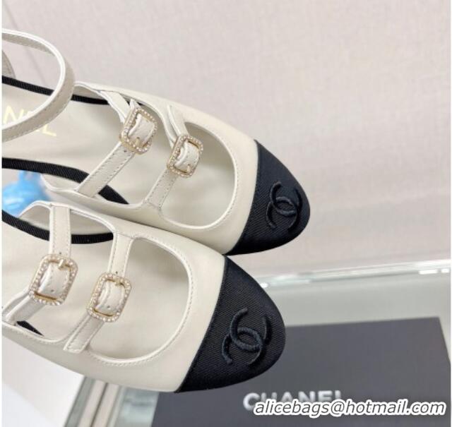 Discount Chanel Lambskin Open Shoes Flat with Double Buckle White 428145