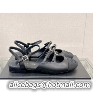 New Style Chanel Lambskin Open Shoes Flat with Double Buckle Black 428146