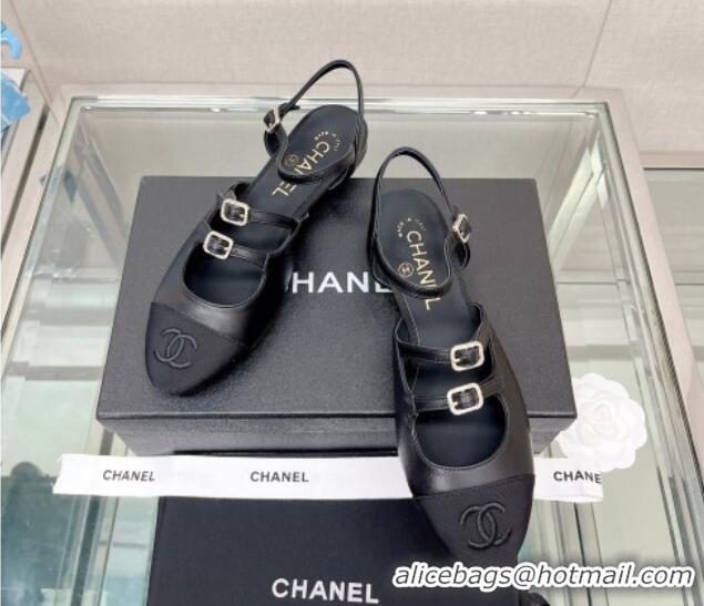 New Style Chanel Lambskin Open Shoes Flat with Double Buckle Black 428146