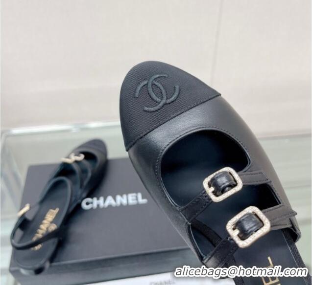 New Style Chanel Lambskin Open Shoes Flat with Double Buckle Black 428146