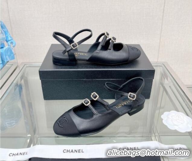 New Style Chanel Lambskin Open Shoes Flat with Double Buckle Black 428146