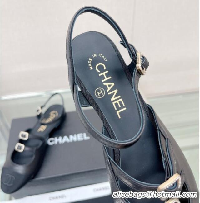 New Style Chanel Lambskin Open Shoes Flat with Double Buckle Black 428146