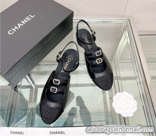 New Style Chanel Lambskin Open Shoes Flat with Double Buckle Black 428146