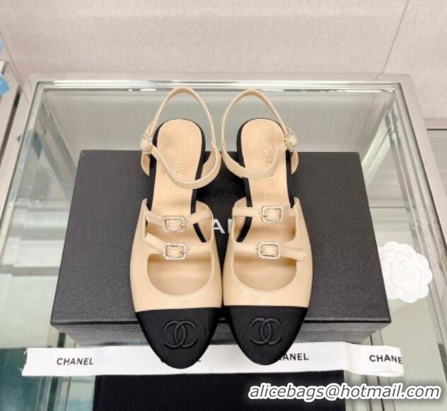 Most Popular Chanel Lambskin Open Shoes Flat with Double Buckle Beige 428147