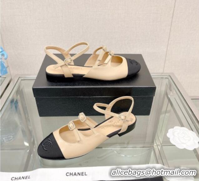 Most Popular Chanel Lambskin Open Shoes Flat with Double Buckle Beige 428147