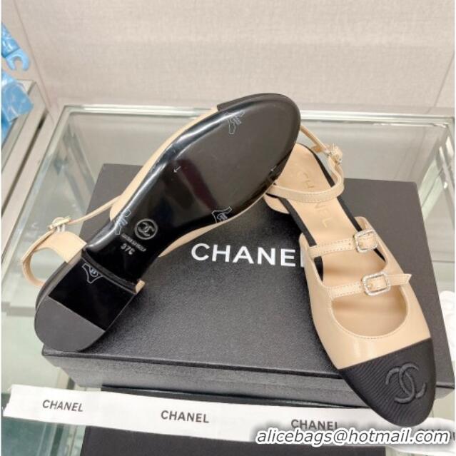 Most Popular Chanel Lambskin Open Shoes Flat with Double Buckle Beige 428147